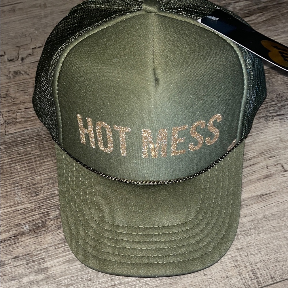 Stylish Olive Trucker Hat with 'Hot Mess' Design